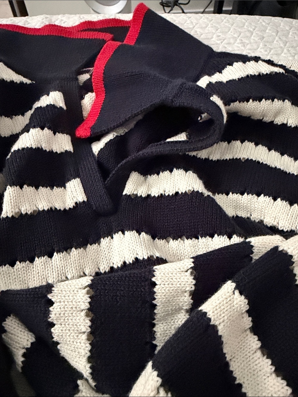 Tommy Striped Navy and White Polo Sweater with Red-Trim Collar Size M
